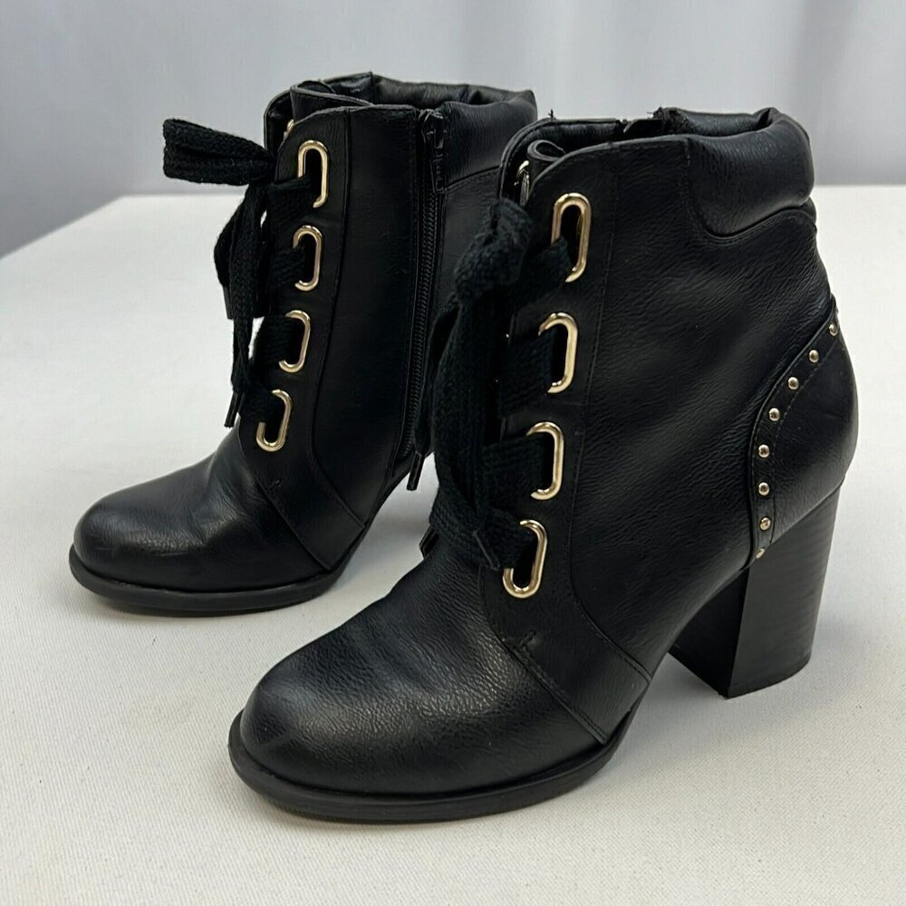Kohls Womens Black Leather Lace-Up Block Heels Ankle Booties Size 6M